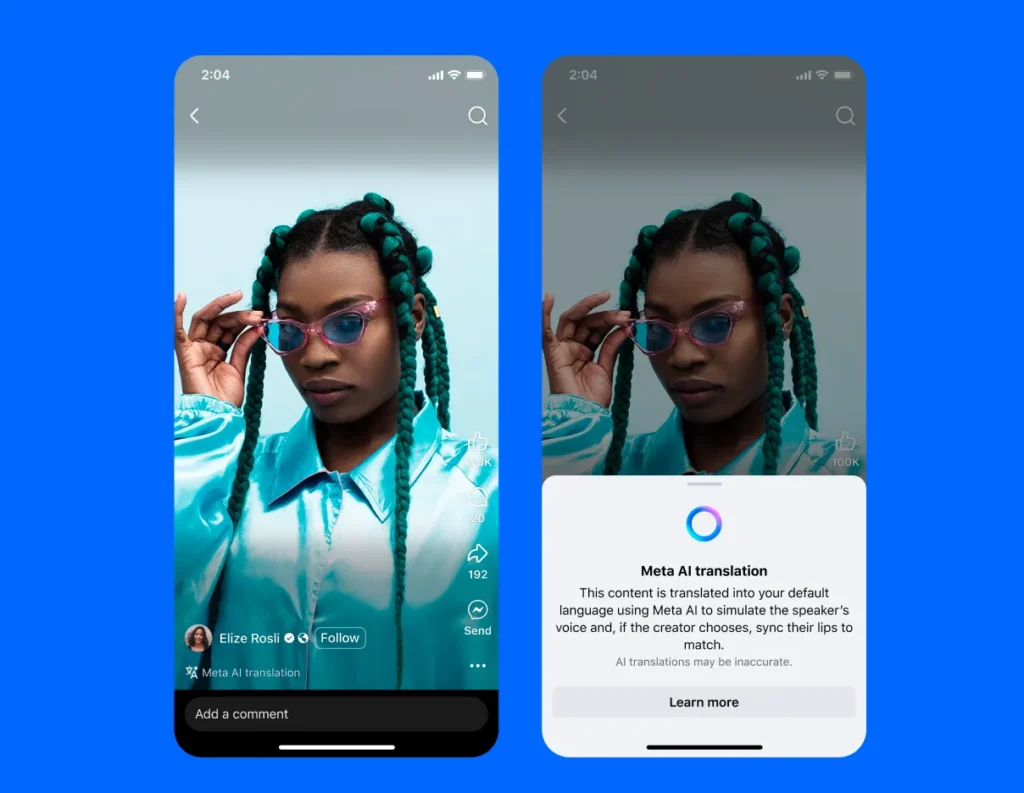 Tela de configurações de idioma e traduções do Instagram com opção de dublagem por IA e sincronização labial