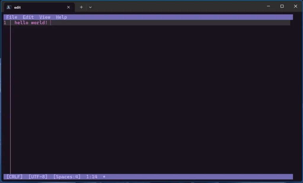 Tela do Microsoft Edit exibindo Hello World no terminal do Windows