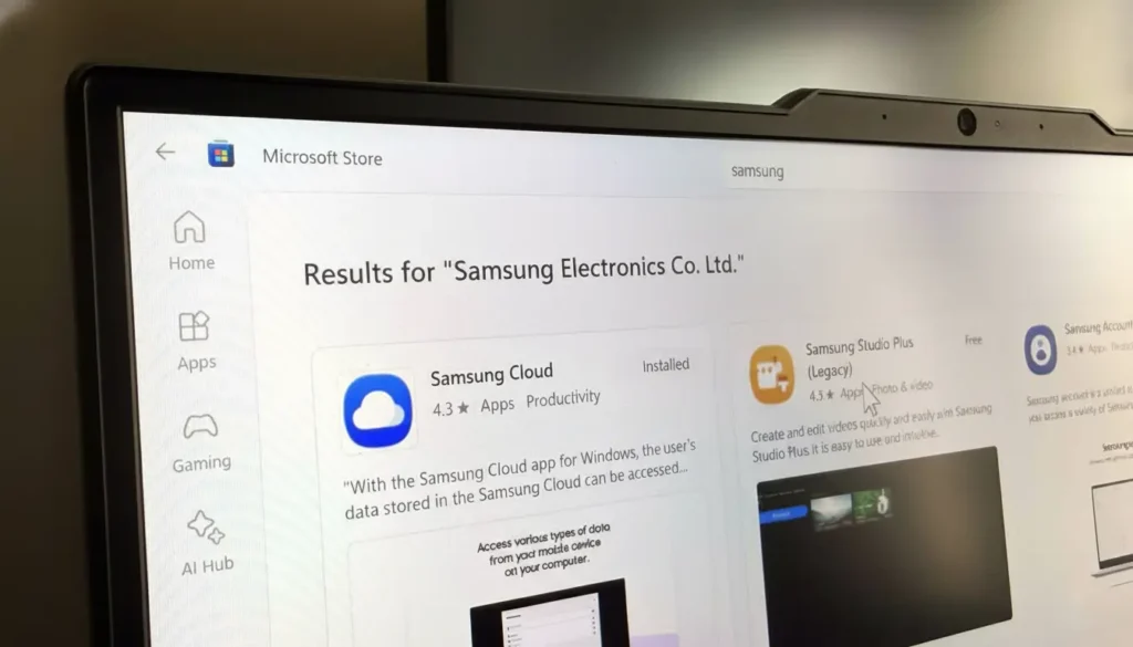 4 apps do Windows que você precisa se usa Samsung 5 Microsoft Store aberta em um laptop mostrando apps da Samsung para Windows, como Gallery, Notes, Flow e Smart Switch