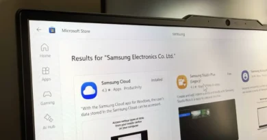 Microsoft Store aberta em um laptop mostrando apps da Samsung para Windows, como Gallery, Notes, Flow e Smart Switch