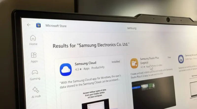 Microsoft Store aberta em um laptop mostrando apps da Samsung para Windows, como Gallery, Notes, Flow e Smart Switch