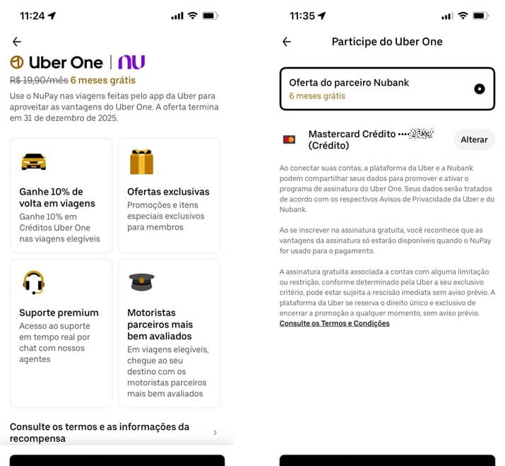Cartão roxo do Nubank ao lado do logotipo Uber One; promoção de 6 meses grátis via NuPay