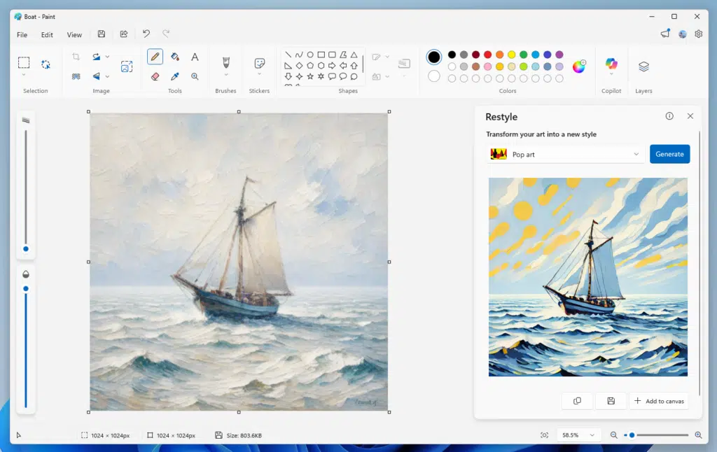Paint do Windows 11 com Restyle: IA para reestilizar imagens com estilos artísticos predefinidos