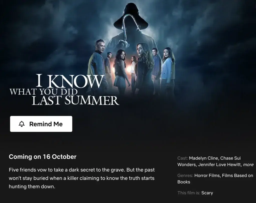 Calendário: estreia de Eu Sei o que Vocês Fizeram no Verão Passado na Netflix dos EUA em 16 de outubro de 2025
