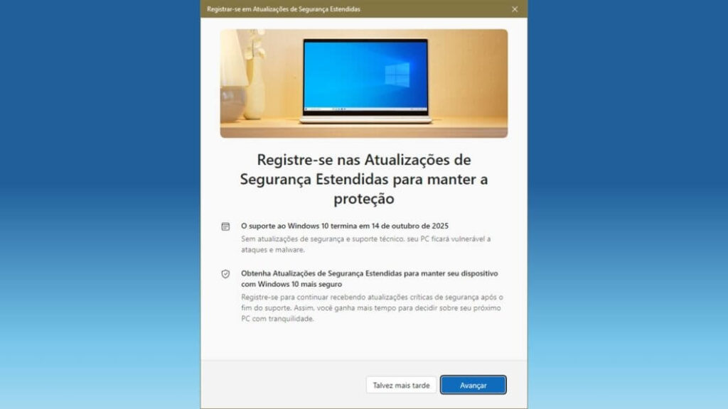 Assistente do ESU no Windows 10 exibindo opção de inscrição para atualizações de segurança estendidas