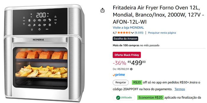 Fritadeira Mondial Air Fryer Forno 12L de inox e branco com acessórios