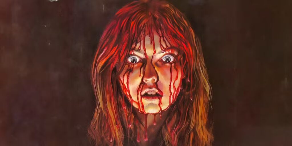 Capa do livro Carrie com o rosto da personagem coberto de sangue