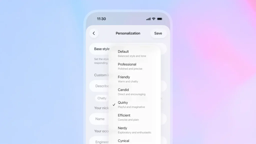 Interface móvel do GPT-5.1 mostrando novas opções de personalização de tom e estilo no ChatGPT