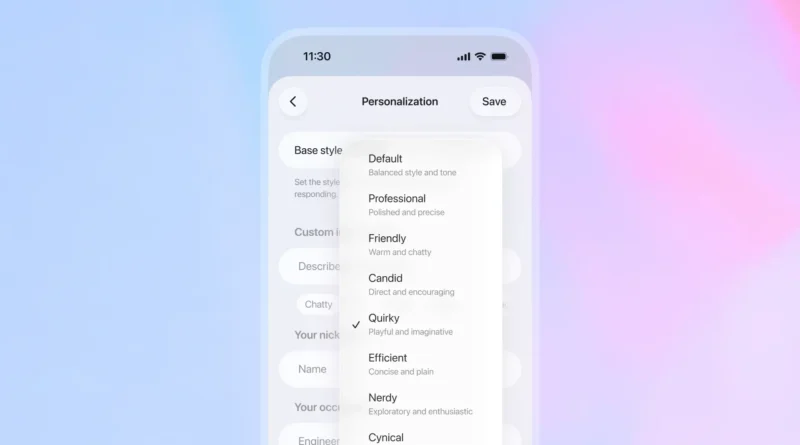 Interface móvel do GPT-5.1 mostrando novas opções de personalização de tom e estilo no ChatGPT