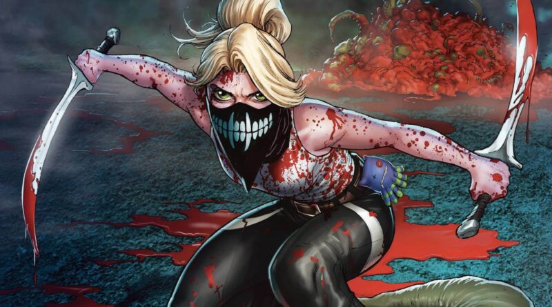 Séries de Terror Baseadas em Livros: Erica coberta de sangue segurando espadas em Something Is Killing The Children