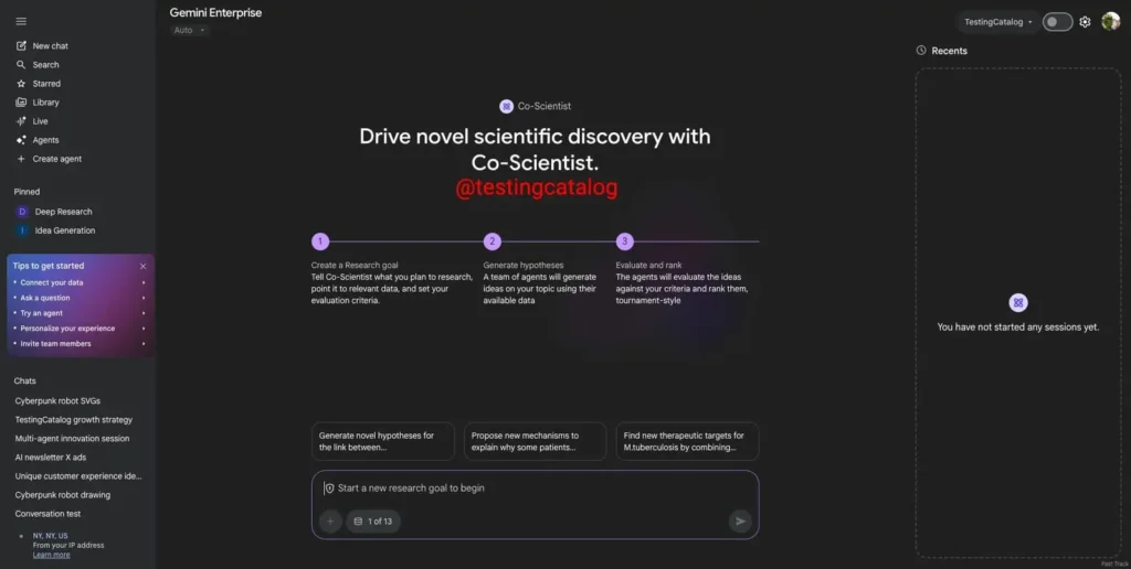 Google ativa automação de pesquisa no Gemini Enterprise 7 Interface do agente Co-scientist