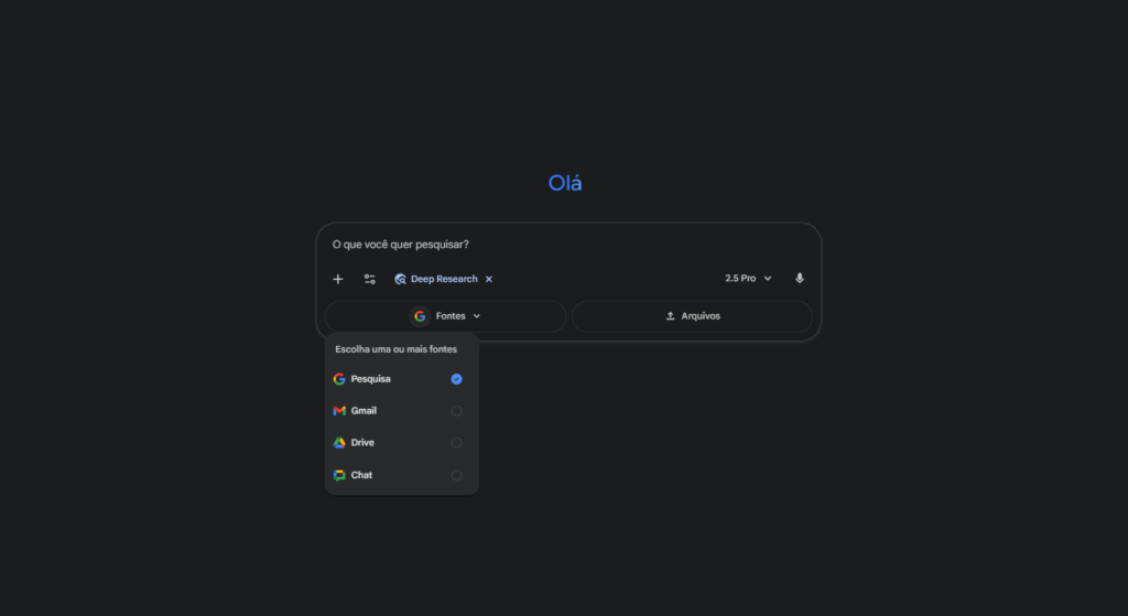 Interface do Google Gemini Deep Research com ícones do Gmail e Google Drive