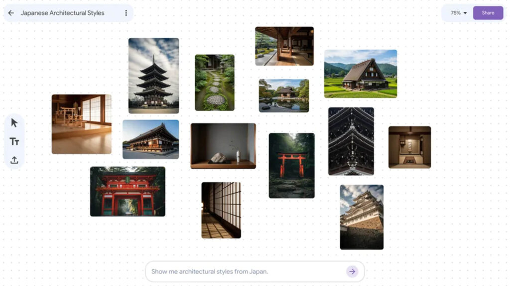 Interface do Google Mixboard com estilos arquitetônicos japoneses