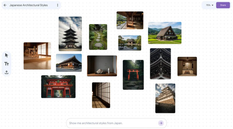 Interface do Google Mixboard com estilos arquitetônicos japoneses