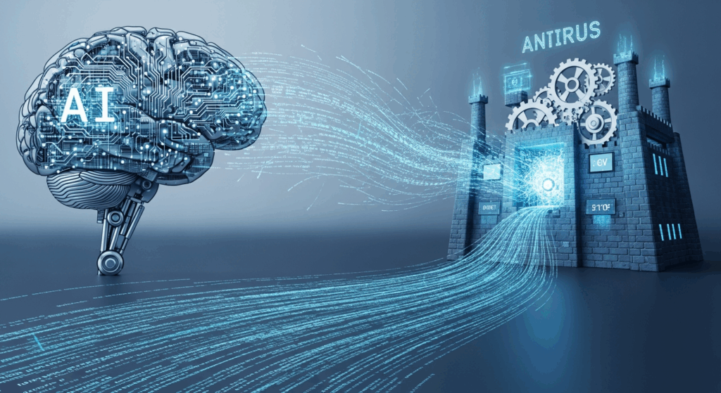 Ilustração digital representando inteligência artificial em tons de laranja e marrom