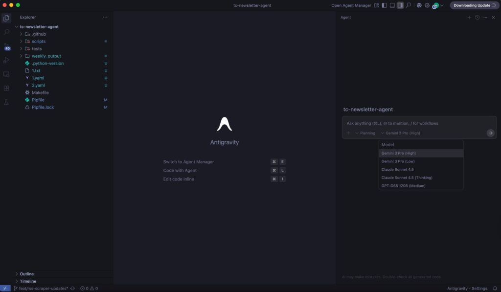 Interface do IDE Google Antigravity