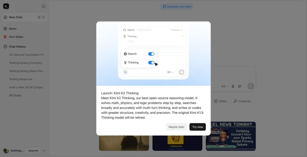 Moonshot AI lança Kimi K2 Thinking com 44,9% no HLE 2 Interface do Kimi K2 Thinking apresentada pela Moonshot AI