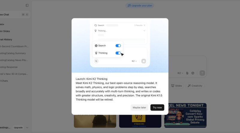 Interface do Kimi K2 Thinking apresentada pela Moonshot AI