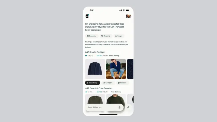 Captura de tela mostra o assistente de compras com IA Perplexity sugerindo roupas de inverno personalizadas com base em preferências
