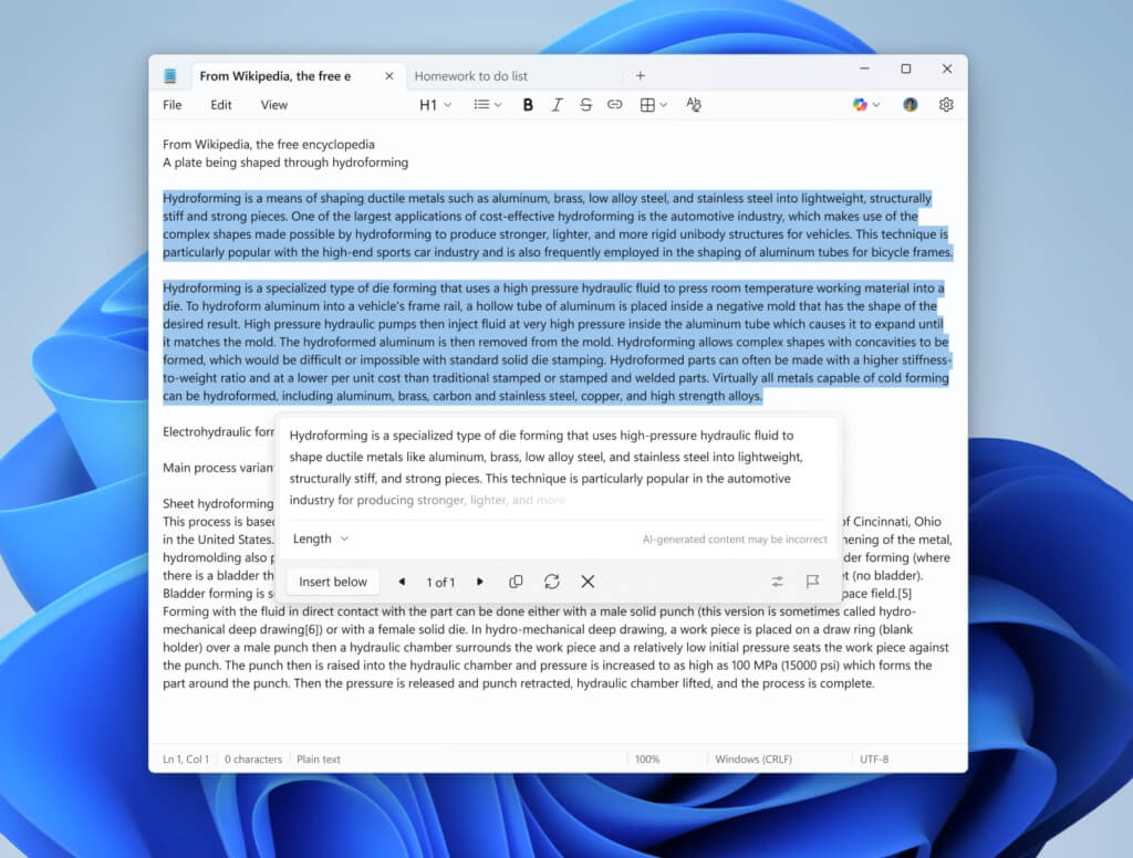 Demonstração da resposta de inteligência artificial no Notepad com Windows 11