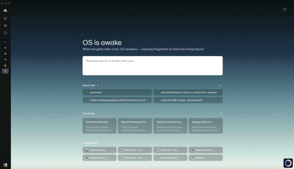 FlowithOS Beta: novo sistema de IA que transforma a navegação 2 Interface do FlowithOS mostrando abas verticais e painel lateral com logs de agentes de IA