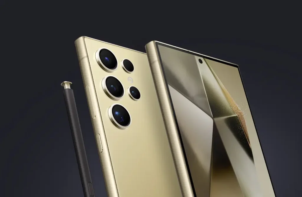 Detalhe do módulo de câmeras quádruplas do Galaxy S24 Ultra com sensor de 200 MP
