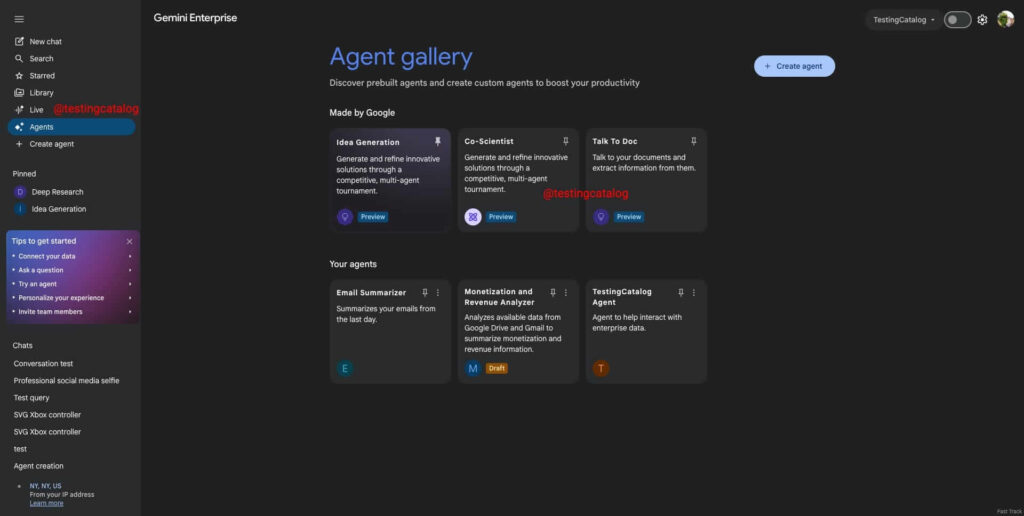 Interface do Gemini Enterprise com múltiplos agentes em execução