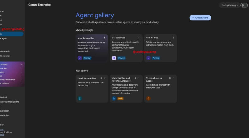 Interface do Gemini Enterprise com múltiplos agentes em execução