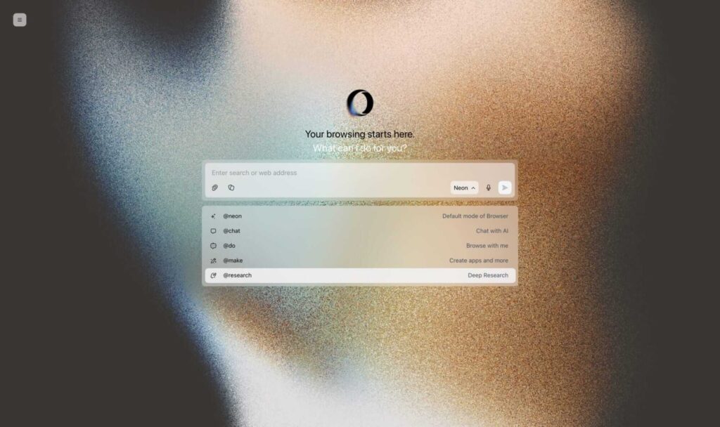 Visual do Opera Deep Research Agent no navegador Neon, interface do novo agente de pesquisa baseado em IA