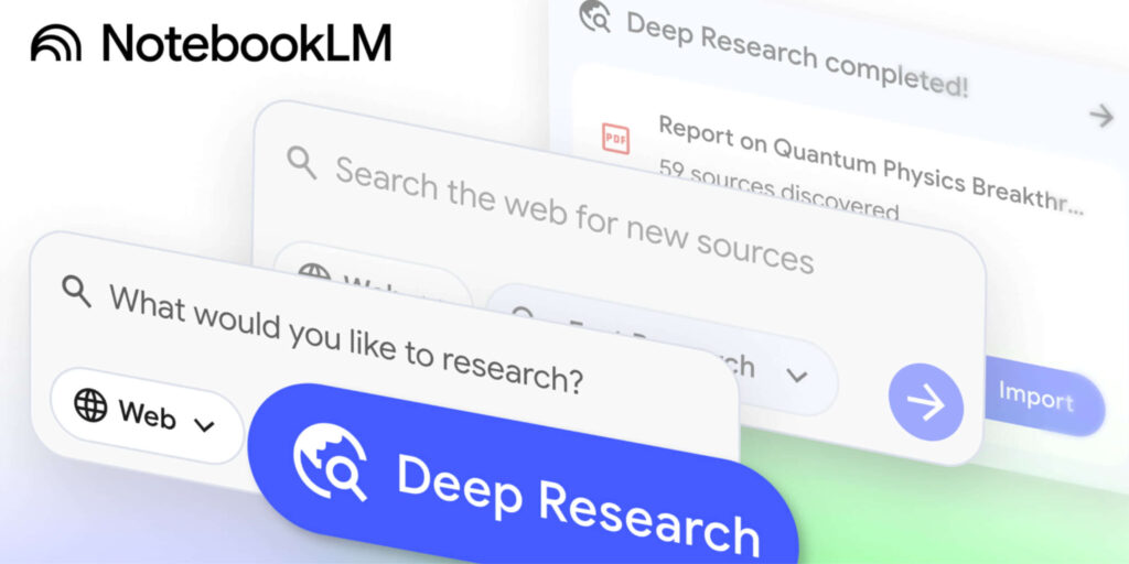 Interface do Google NotebookLM com Deep Research