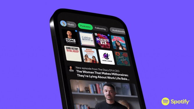 Spotify interface com podcasts em vídeo