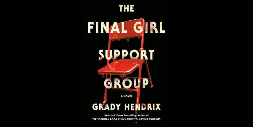 Capa do livro The Final Girl Support Group com cadeira metálica ensanguentada