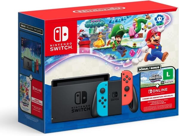 Joy-Con azul e vermelho neon conectados ao Nintendo Switch