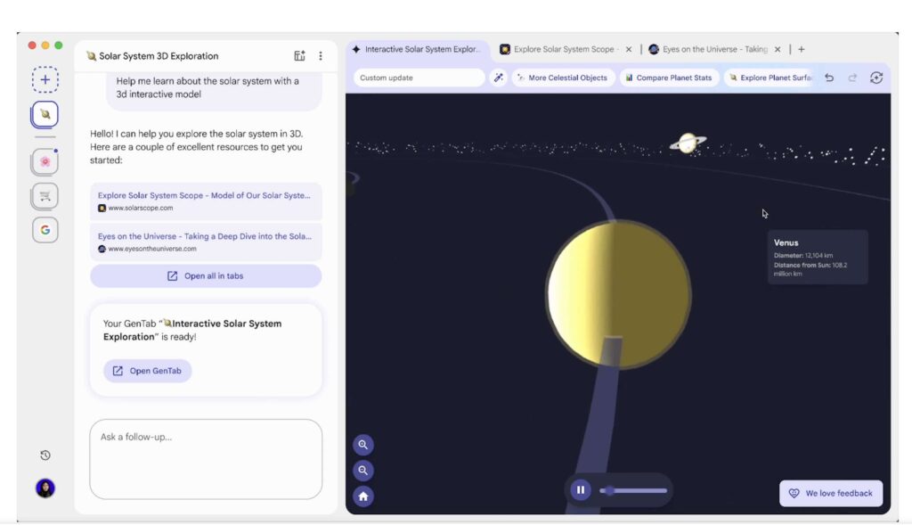 Google Disco: navegador experimental com IA que transforma abas em apps personalizados 2 Interface do navegador experimental Google Disco, mostrando a criação de aplicativos personalizados com IA Gemini