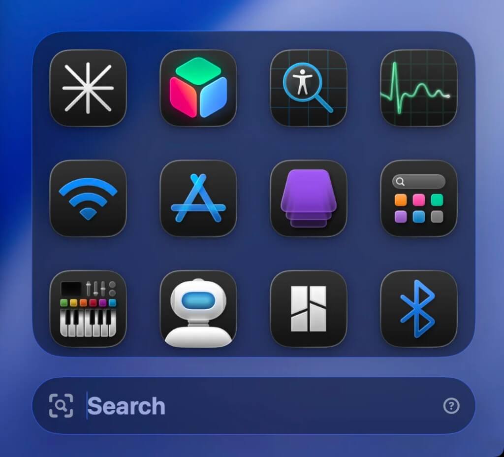 Vector para Mac: Menu principal do Vector mostrando aplicativos e atalhos