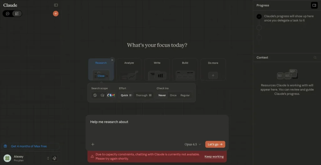Interface do novo Agentic Tasks Mode do Claude com painel lateral e opções de tarefas