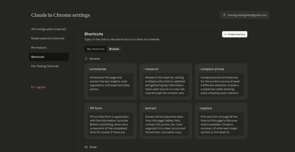 Anthropic lança modo de planejamento do Claude para Chrome 2 Interface da extensão Claude para Chrome com novas opções e atalhos personalizáveis