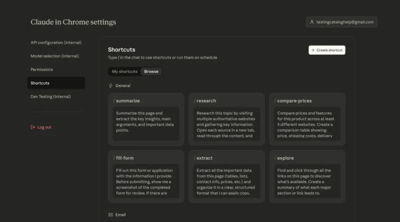Interface da extensão Claude para Chrome com novas opções e atalhos personalizáveis
