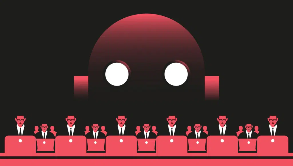 IA no mercado de trabalho em 2026: Funcionários diante de computadores e robôs simbolizando automação da IA