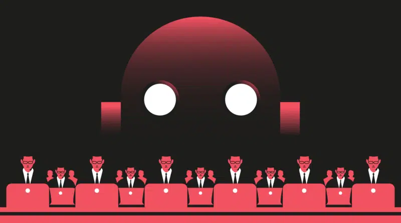 IA no mercado de trabalho em 2026: Funcionários diante de computadores e robôs simbolizando automação da IA