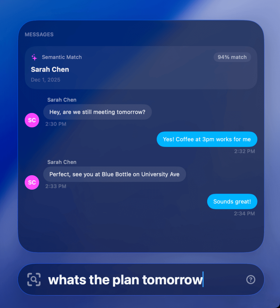 Busca semântica do Vector em mensagens do macOS