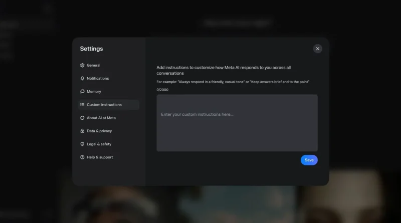 Imagem ilustrativa da interface do Meta AI com novos recursos de memórias e prompts personalizados