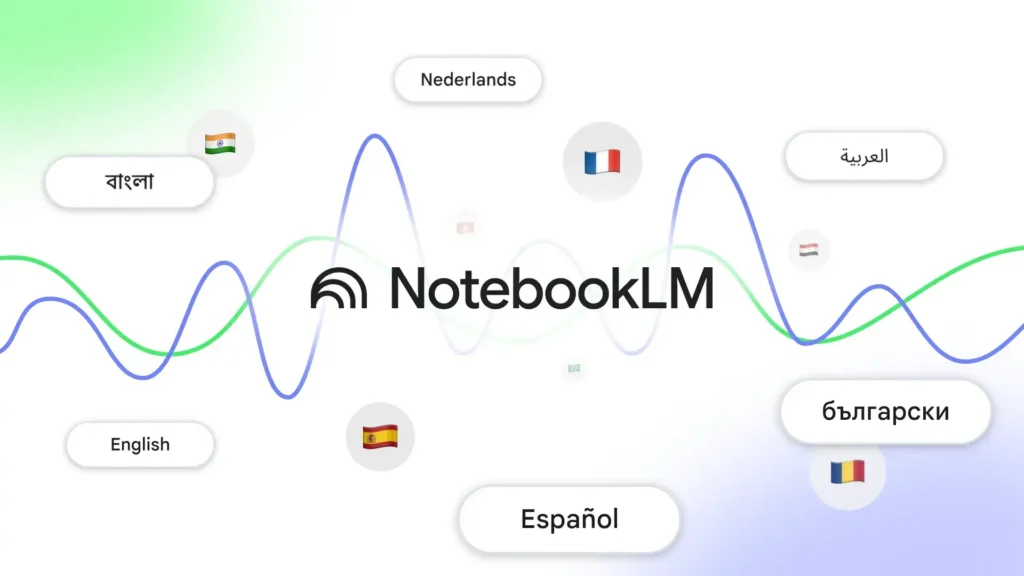 Interface do NotebookLM mostrando opções de áudio Lecture com suporte multilíngue.
