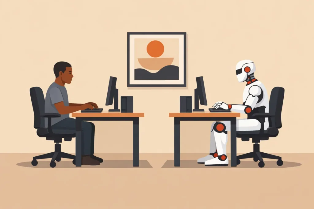 Homem e robô humanóide trabalhando frente a frente em computadores