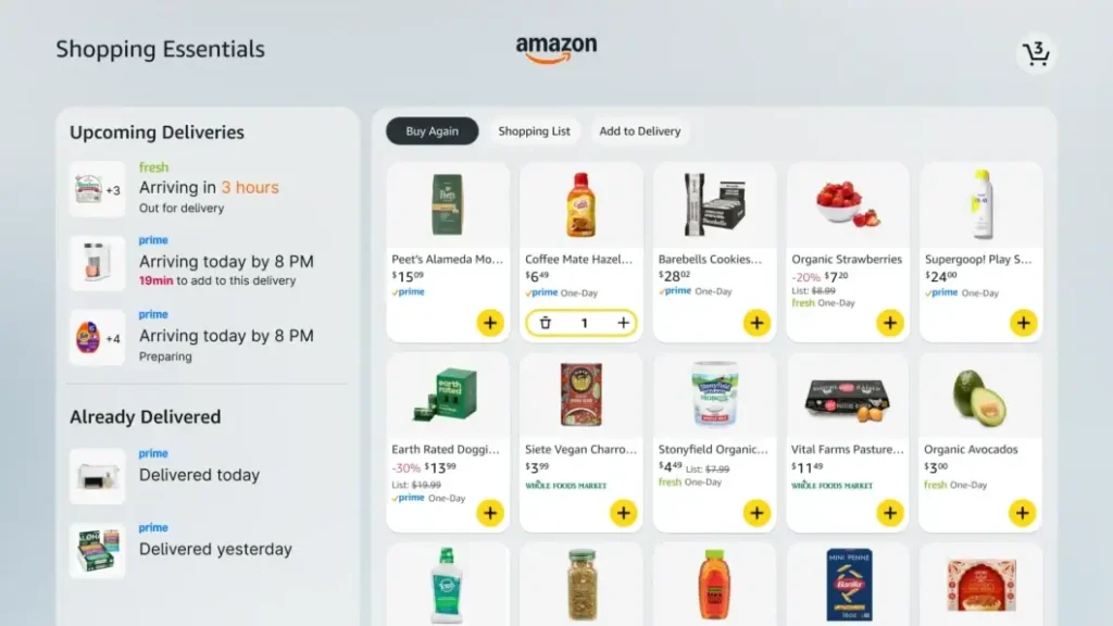 Painel de compras essenciais Alexa Plus