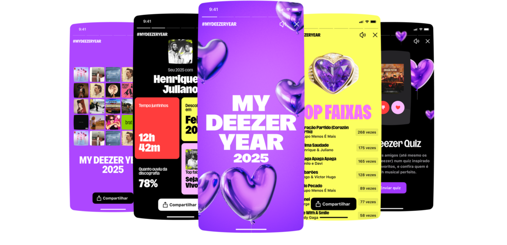 Montagem de telas do My Deezer Year 2025 mostrando estatísticas personalizadas de música e podcasts no app Deezer