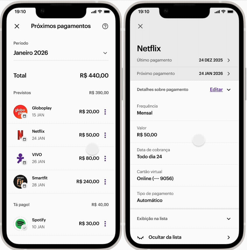 Tela do app Nubank mostrando assinaturas como Netflix e Spotify