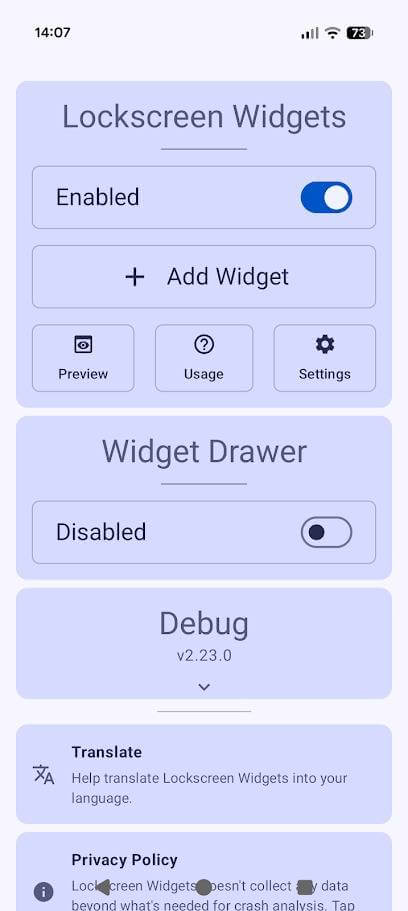 Menu de configurações do app Lockscreen Widgets