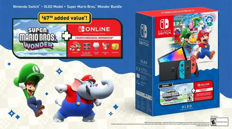 Promoção Nintendo Switch com Super Mario Bros Wonder e três meses de assinatura do Nintendo Online